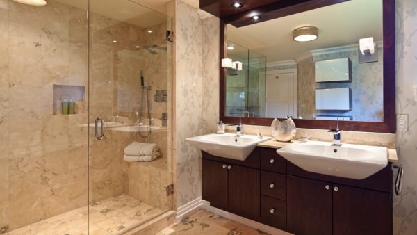 Dark wood bathroom & shower remodel in Burbank, California