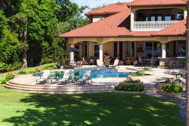 Exterior of large house & backyard pool area