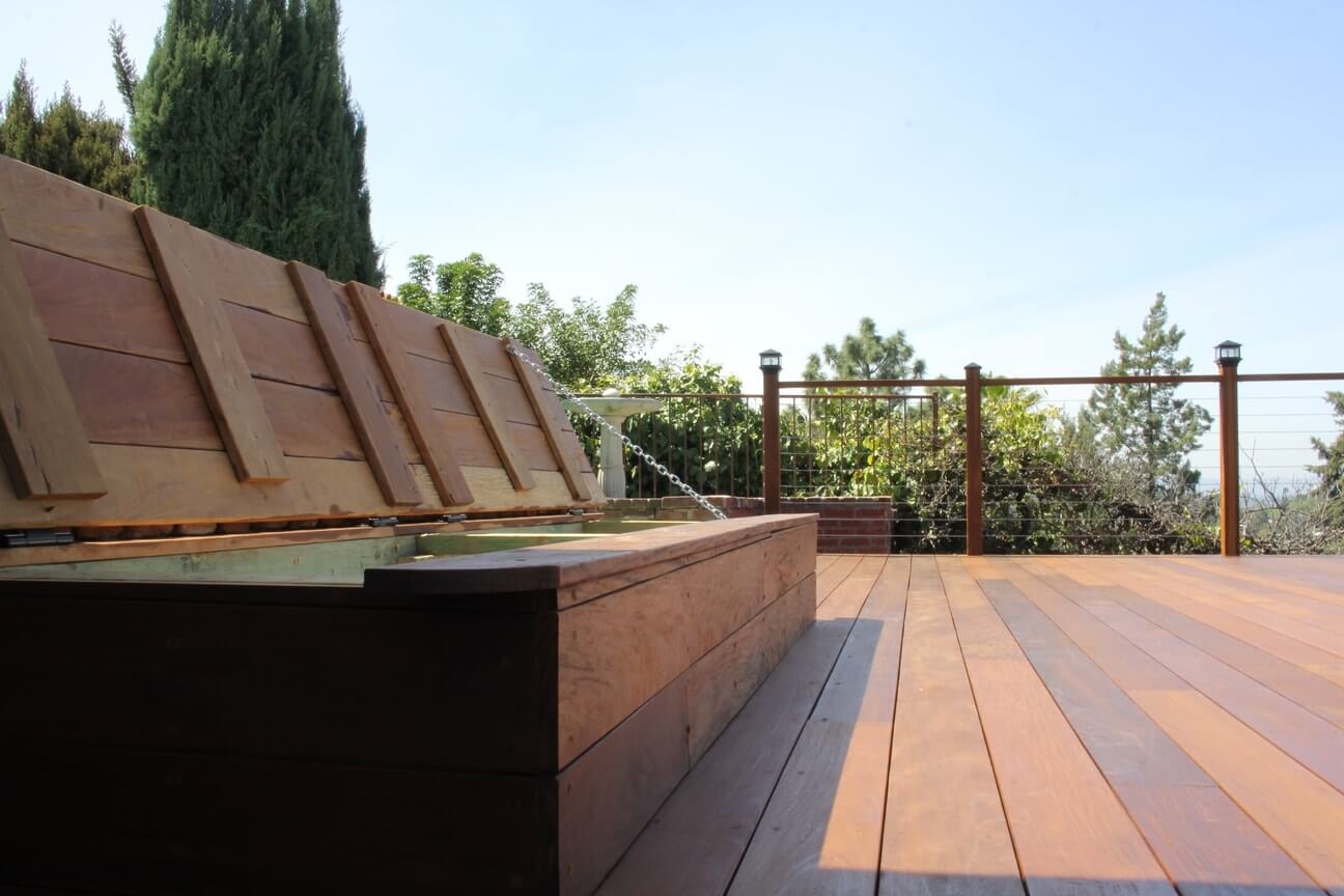 Outdoor storage bins on a custom remodeled deck at a home in Studio City, CA, completed by upscale Los Angeles design-build firm A-List Builders.