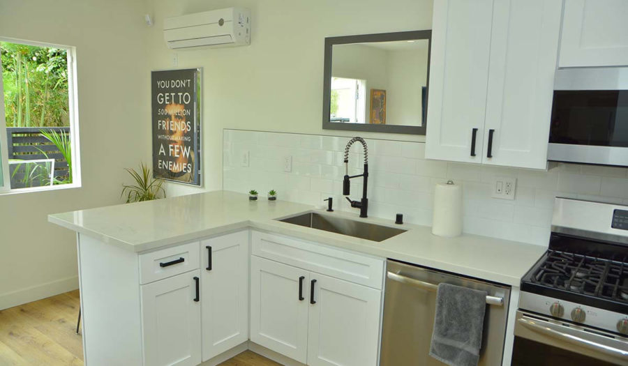 ADU Kitchen Layout in Los Angeles, CA with breakfast bar and window view