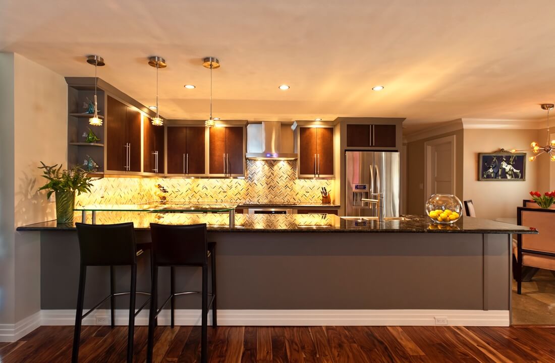 This kitchen makes excellent use of color and has plenty of counter space, part of a kitchen remodel in Los Angeles, California by A-List Builders.