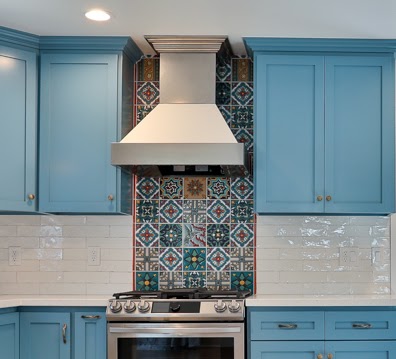 Bold and creative use of Spanish style tiles in a kitchen remodel in Los Angeles